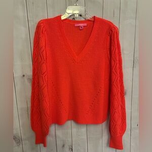 Lilly Pulitzer Bright  Coral V-Neck Knit Sweater Balloon Sleeves Women’s Size M